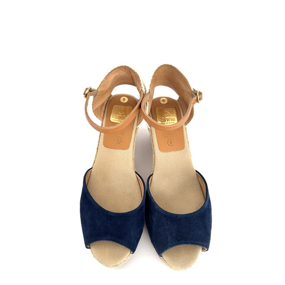 Kanna Espadrille Sandals 8 Blue Suede Peep-Toe Ankle Strap Jute Wedge Spain - Picture 4 of 15